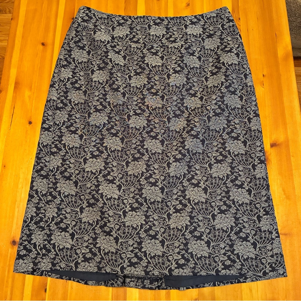 Ann Taylor Navy Floral Jacquard Pencil Skirt with Rear Ruffle